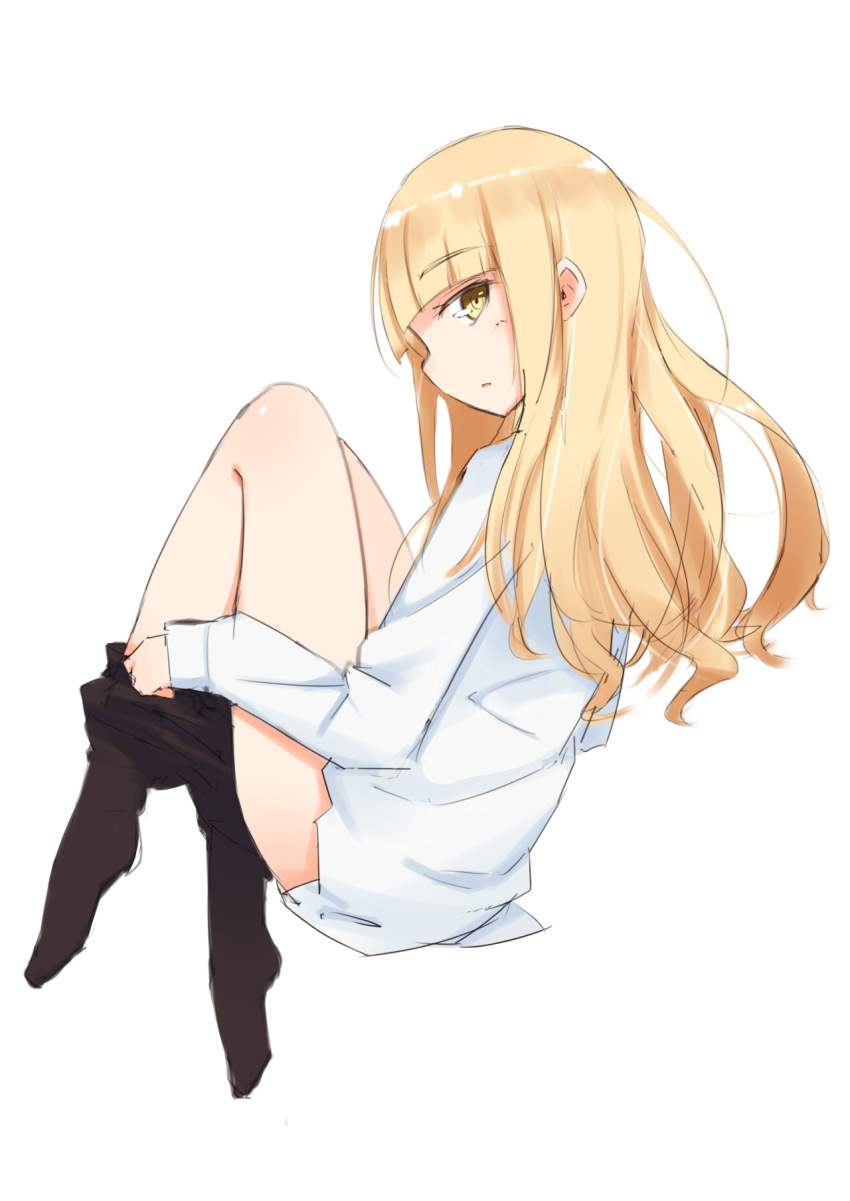 1girl black_legwear blonde_hair blush dress_shirt full_body highres knees_together_feet_apart long_hair long_sleeves looking_back open_mouth pantyhose pantyhose_pull perrine_h_clostermann seedflare shirt sideways_mouth simple_background solo strike_witches white_background yellow_eyes