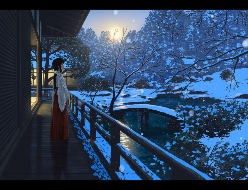 1girl architecture bangs bare_tree black_hair bow bridge east_asian_architecture from_side hair_bow hakama_skirt japanese_clothes letterboxed long_hair long_skirt miko nauimusuka original payot ponytail profile railing ribbon-trimmed_sleeves ribbon_trim ripples shadow skirt snow snowing solo standing sunset tree water wide_sleeves