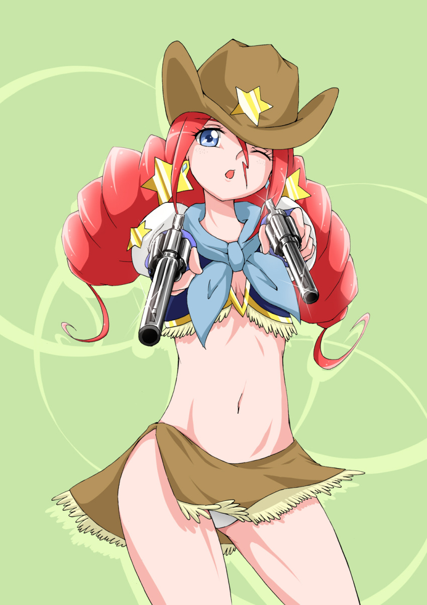 1girl ;o blue_eyes cowboy_hat drill_hair earrings freckles fringe gun happinesscharge_precure! hat highres izuna_masaru jewelry long_hair magical_girl midriff one_eye_closed open_mouth panties pantyshot precure red_haired_cure_(bomber_girls_precure)_(happinesscharge_precure!) redhead skirt solo star twintails underwear weapon