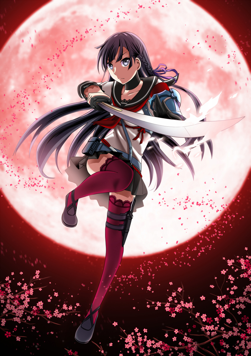 1girl 7th_dragon_(series) 7th_dragon_2020 absurdres black_eyes black_gloves black_hair black_skirt gloves hair_ribbon highres holding_sword holding_weapon long_hair pleated_skirt purple_ribbon red_legwear ribbon samurai_(7th_dragon_2020) skirt solo sword thigh-highs weapon