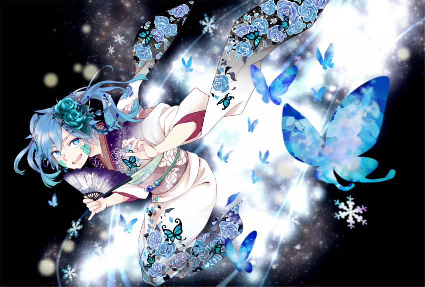1girl blue_eyes blue_hair butterfly ene_(kagerou_project) fan flower hair_flower hair_ornament highres japanese_clothes kagerou_project kimono long_hair maiori_00 twintails