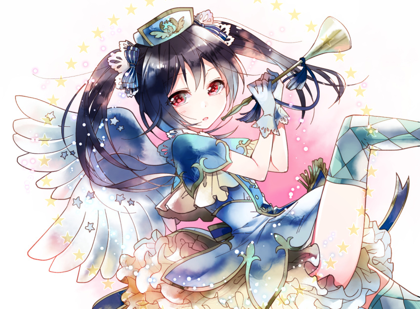 1girl argyle argyle_legwear black_hair blue_gloves bow dress gloves hair_bow instrument long_hair looking_at_viewer love_live!_school_idol_project red_eyes short_dress solo star thigh-highs trumpet twintails wings yazawa_nico yukinokoe