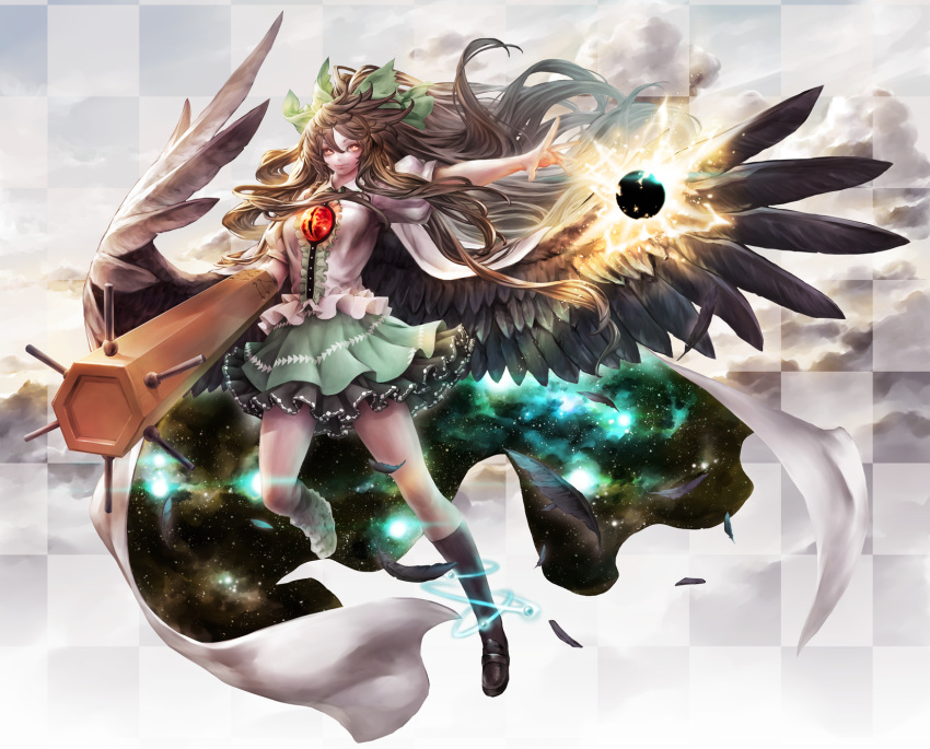 1girl arm_cannon big_hair black_legwear black_wings bow breasts cape checkered checkered_background clouds cloudy_sky cowboy_shot energy_ball feathers floating floating_hair full_body glowing glowing_eyes green_skirt hair_bow highres kneehighs large_wings light lips long_hair mismatched_legwear nabe_(crow's_head) nose open_hand outstretched_arm puffy_short_sleeves puffy_sleeves red_eyes reiuji_utsuho short_sleeves skirt sky smile solo space sunlight thighs third_eye touhou weapon wings