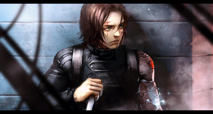 1boy artificial_arm blood blood_on_face blue_eyes brown_hair captain_america_the_winter_soldier cyborg electricity james_buchanan_barnes knife male_focus mechanical_arm reverse_grip scar signature solo star winter_soldier yoku_(liuyc)
