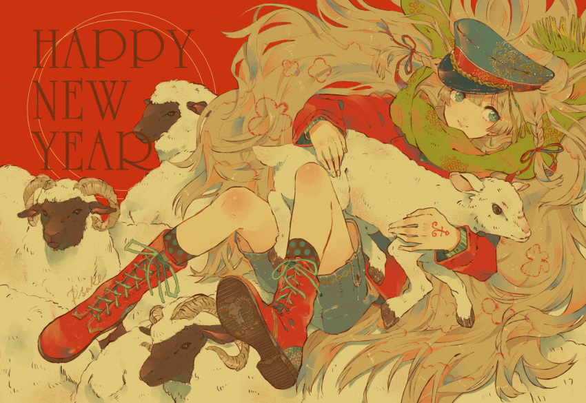 1girl blonde_hair blue_eyes boots braid cross-laced_footwear english happy_new_year hat highres lace-up_boots lamb long_hair looking_at_viewer new_year original p-suke peaked_cap red_boots scarf sheep skull smile solo very_long_hair