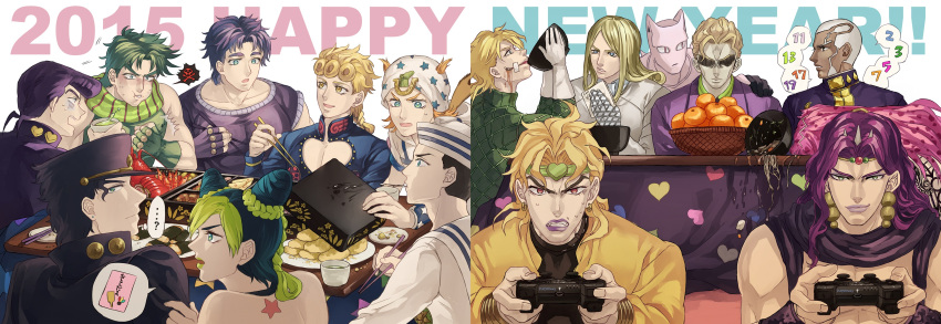 1girl 2015 6+boys absurdres diavolo dio_brando enrico_pucci food fruit funny_valentine giorno_giovanna higashikata_jousuke higashikata_jousuke_(jojolion) highres johnny_joestar jojo_no_kimyou_na_bouken jojolion jonathan_joestar joseph_joestar_(young) kali_lgk kars_(jojo) kira_yoshikage kotatsu kuujou_jolyne kuujou_joutarou multiple_boys orange playing_games steel_ball_run table