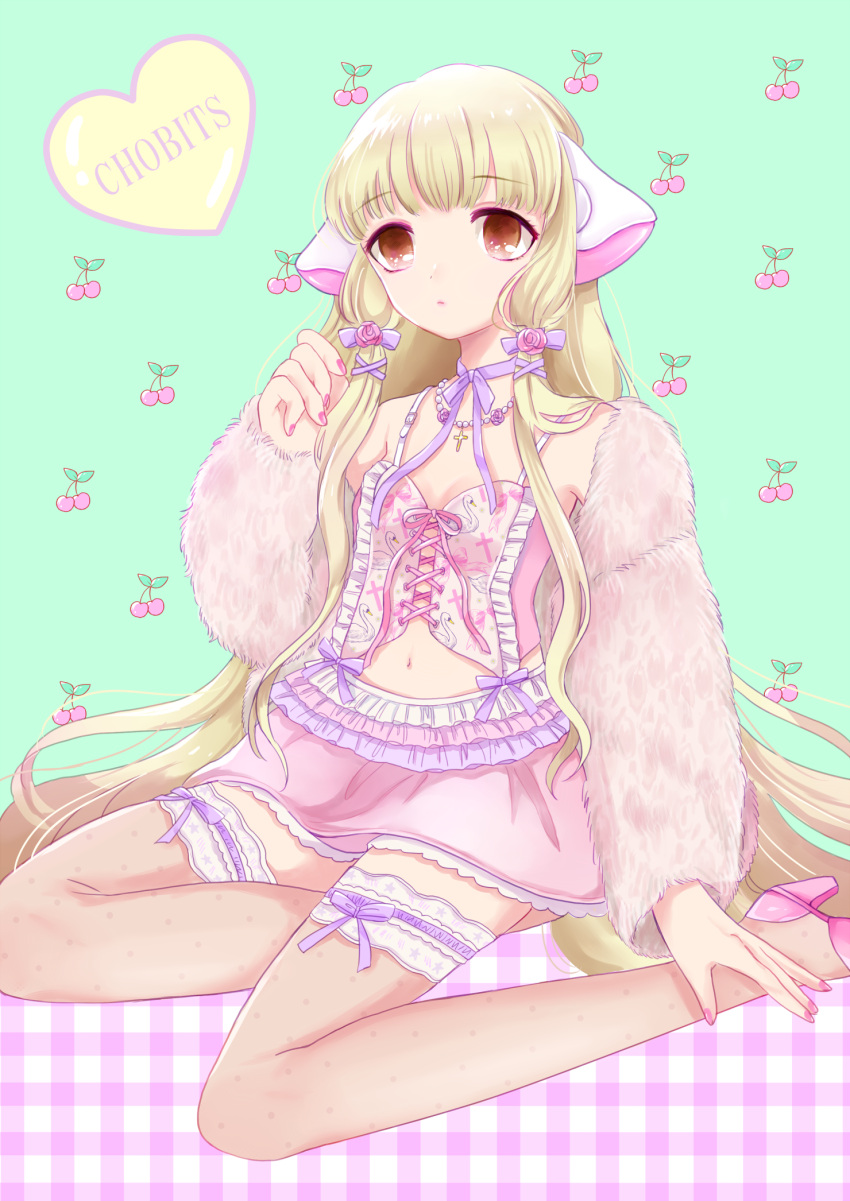 1girl bangs blonde_hair blunt_bangs brown_eyes buckle checkered checkered_background cherry chii chobits choker copyright_name corset detached_sleeves expressionless food fruit fur hair_ribbon heart highres long_hair long_sleeves michelle_(ooo-anteat) miniskirt nail_polish polka_dot polka_dot_legwear purple_ribbon ribbon ribbon_choker robot_ears see-through simple_background sitting skirt solo thigh-highs thigh_strap tress_ribbon unmoving_pattern zettai_ryouiki