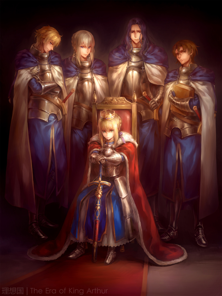 1girl 4boys armor armored_dress bedivere berserker_(fate/zero) book caliburn crown fate/extra fate/stay_night fate/zero fate_(series) gawain_(fate/extra) highres kanmuri_(hanyifan30338) knight multiple_boys planted_sword planted_weapon saber sheath sheathed sword throne weapon