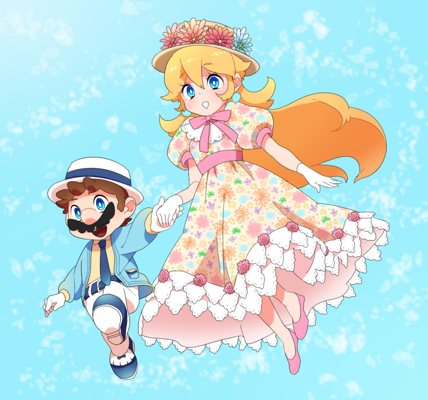 1boy 1girl alternate_costume blonde_hair blue_eyes couple dress earrings facial_hair floral_print flower gloves hat height_difference holding_hands jewelry lace long_hair mario mustache necktie princess_peach riomario smile super_mario_bros.