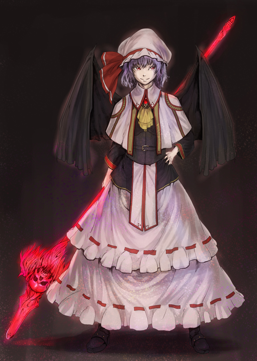 1girl ascot aura averting_eyes bat_wings baten_(gei-vorugu) belt black_background blue_hair boots capelet dress embellished_costume fang fang_out hand_on_hip hat hat_ribbon highres layered_skirt long_dress mob_cap purple_hair red_eyes remilia_scarlet ribbon ruby_(stone) short_hair skull smile solo spear_the_gungnir standing touhou wide_stance wings