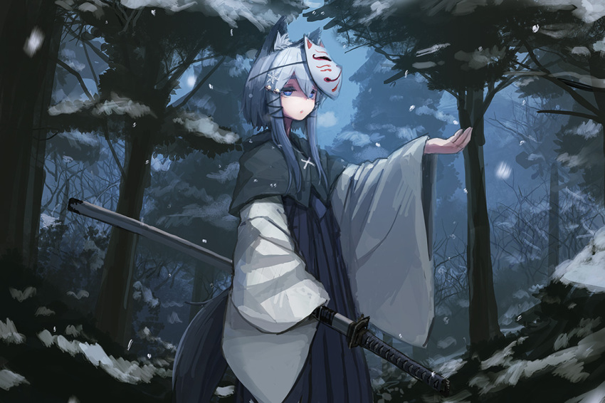 1girl :o animal_ears blue_eyes blue_hair forest fox_ears fox_mask hair_ornament katana long_sleeves mask nature noconol original outdoors outstretched_arm payot sheath sheathed short_hair_with_long_locks snow snowflake_hair_ornament snowing solo sword tail weapon wide_sleeves