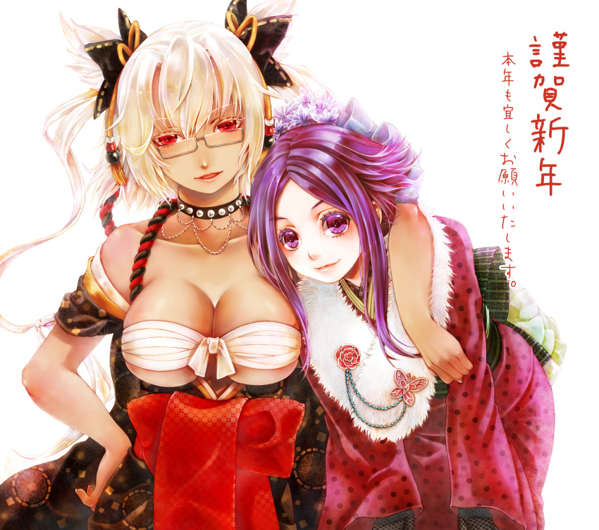 2girls arm_around_shoulder breasts budget_sarashi bust collarbone flower glasses hair_flower hair_ornament hair_ribbon hand_on_hip highres japanese_clothes jun'you_(kantai_collection) kantai_collection kimono large_breasts leaning_forward lips looking_at_viewer multiple_girls musashi_(kantai_collection) obi open_clothes open_kimono open_mouth parted_lips purple_hair red_eyes ribbon sarashi sash semi-rimless_glasses short_hair simple_background smile twintails uka_(kikarosso25) under-rim_glasses violet_eyes white_background white_hair