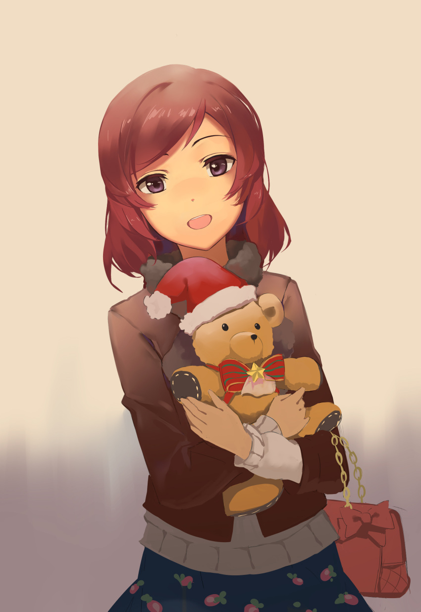 1girl absurdres bag bow gensou_kuro_usagi hat head_tilt highres jacket long_sleeves love_live!_school_idol_project nishikino_maki open_mouth redhead revision santa_hat shirt skirt smile solo stuffed_animal stuffed_toy teddy_bear violet_eyes