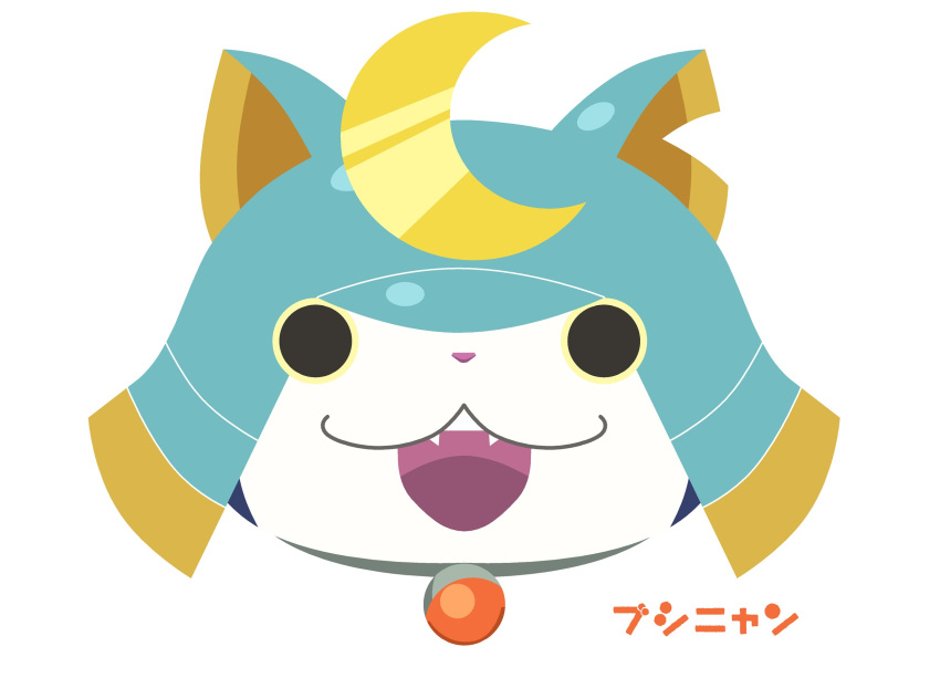 black_eyes bushinyan cat character_name face fangs flat_color helmet highres looking_at_viewer no_humans open_mouth samurai sarama simple_background solo white_background youkai_watch