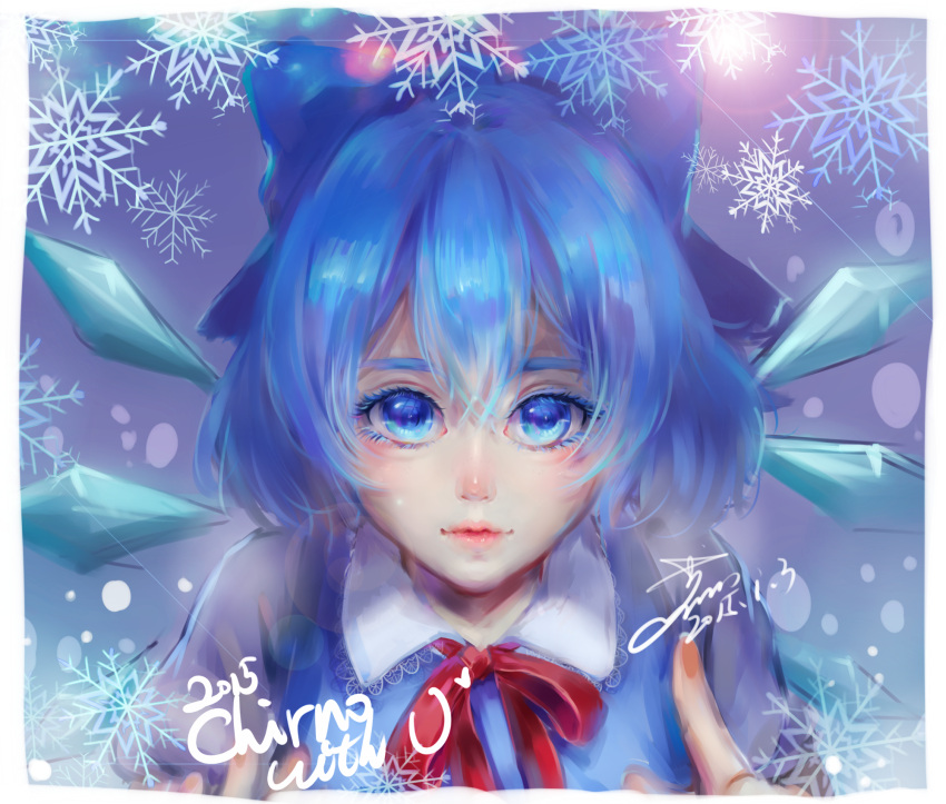 1girl 2015 blue_eyes blue_hair bow character_name cirno collared_shirt dated eyelashes hair_bow highres ice ice_wings index_finger_raised lace-trimmed_collar lens_flare lips looking_at_viewer neck_ribbon nose parted_lips portrait ribbon shest_ short_hair signature snowflakes solo touhou vest wings