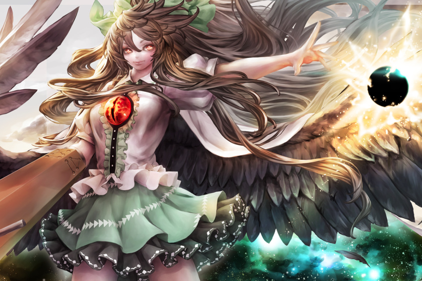 1girl arm_cannon big_hair black_wings bow breasts cape cowboy_shot energy_ball feathers floating_hair glowing glowing_eyes green_skirt hair_bow large_wings light lips long_hair nabe_(crow's_head) nose open_hand outstretched_arm puffy_short_sleeves puffy_sleeves red_eyes reiuji_utsuho short_sleeves skirt smile solo space sunlight thighs third_eye touhou weapon wings