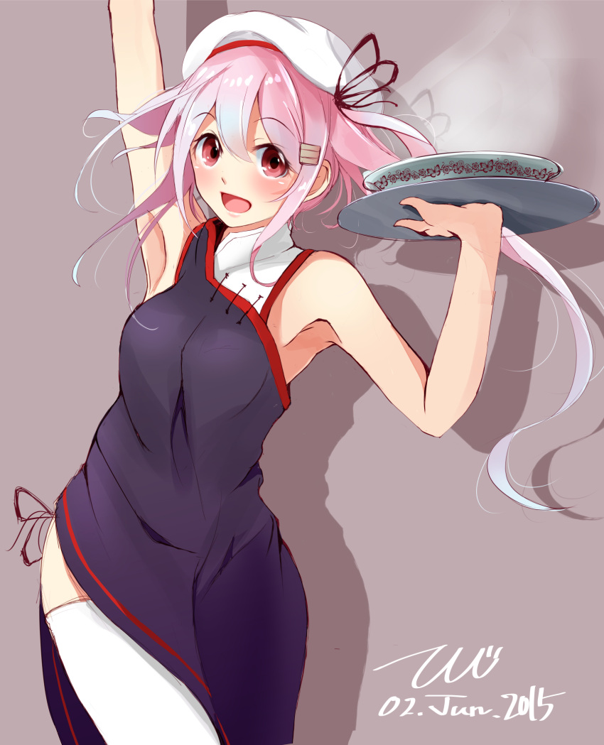 1girl :d arm_up armpits bowl chinese_clothes harusame_(kantai_collection) hat highres kantai_collection open_mouth red_eyes side_ponytail side_slit smile tbd11 thigh-highs tray white_legwear