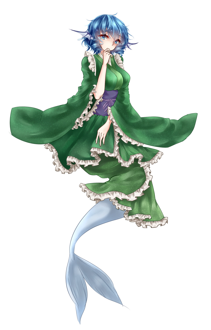 1girl absurdres blue_eyes blue_hair breasts covering_mouth drill_hair frilled_kimono full_body hand_to_own_mouth head_fins highres japanese_clothes kimono large_breasts looking_at_viewer mermaid monster_girl obi qian_yi_tokino sash short_hair simple_background solo touhou wakasagihime white_background