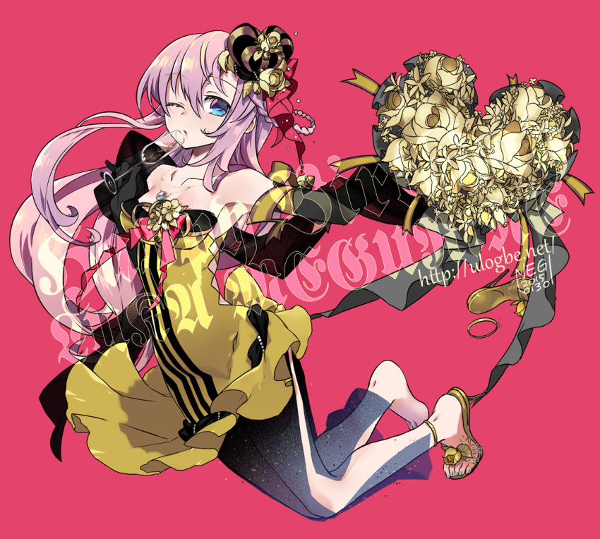 1girl 2015 alcohol armpits bare_shoulders black_gloves blue_eyes champagne dated dress elbow_gloves flower full_body glass gloves hair_between_eyes hair_ornament heart jewelry long_hair megurine_luka necklace one_eye_closed pendant pink_hair pink_ribbon ribbon rose sandals short_dress side_slit simple_background strapless_dress ulogbe vertical_stripes vocaloid watermark web_address yellow_dress yellow_ribbon yellow_rose