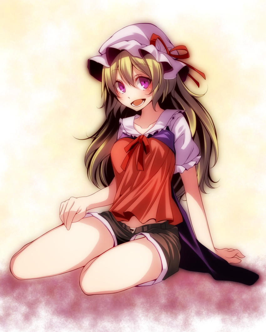 1girl blonde_hair collarbone hat hat_ribbon highres long_hair looking_at_viewer maribel_hearn mob_cap open_mouth pink_eyes ribbon s-syogo shirt short_sleeves shorts sitting smile solo touhou unbuttoned