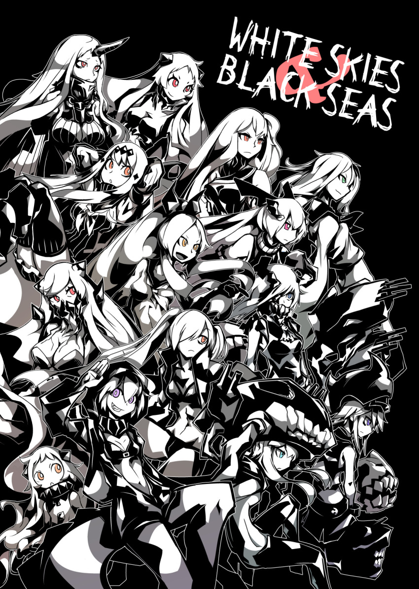 6+girls ahoge aircraft_carrier_oni aircraft_carrier_water_oni airfield_hime anchorage_oni armored_aircraft_carrier_oni arms_behind_head ascot bare_shoulders bikini_top black_background bodysuit breasts covering_mouth crop_top deel_(rkeg) destroyer_hime detached_sleeves escort_fortress_(kantai_collection) fangs grin hair_ornament hair_over_one_eye headgear high_ponytail highres hoodie horn horns jacket kantai_collection large_breasts long_hair mask midriff midway_hime monster_girl multiple_girls navel ne-class_heavy_cruiser neckerchief northern_ocean_hime one_side_up orange_eyes ponytail re-class_battleship red_eyes revision ribbed_dress sailor_collar sailor_dress salute school_uniform seaport_hime serafuku shinkaisei-kan short_hair simple_background smile southern_ocean_oni ta-class_battleship tentacles thigh-highs twintails very_long_hair violet_eyes wo-class_aircraft_carrier zettai_ryouiki