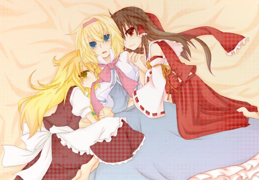ahoge alice_margatroid arm_hug blonde_hair blue_dress blue_eyes bow brown_dress brown_hair capelet detached_sleeves dress hair_bow hair_tubes hairband hakurei_reimu hand_holding hand_on_chest hand_under_clothes holding_hands kirisame_marisa midriff miko mouth_hold multiple_girls necktie no_hat no_headwear on_back on_side open_mouth red_dress red_eyes ribbon_in_mouth smile sy0610 touhou yellow_eyes yuuta_(monochrome)