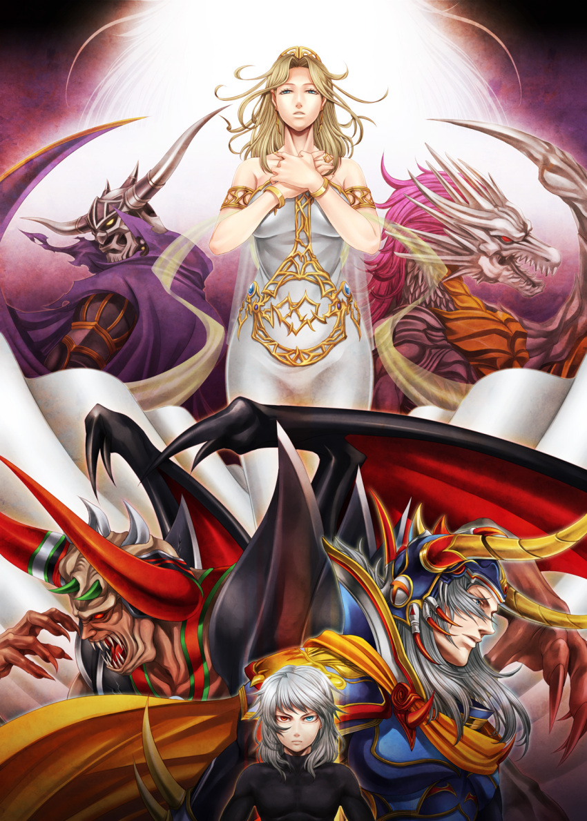 alternate_costume blonde_hair blue_eyes chaos_(dff) character_request cosmos_(dff) dissidia_final_fantasy final_fantasy final_fantasy_i garland_(ff1) highres horns shinryu ujuju warrior_of_light