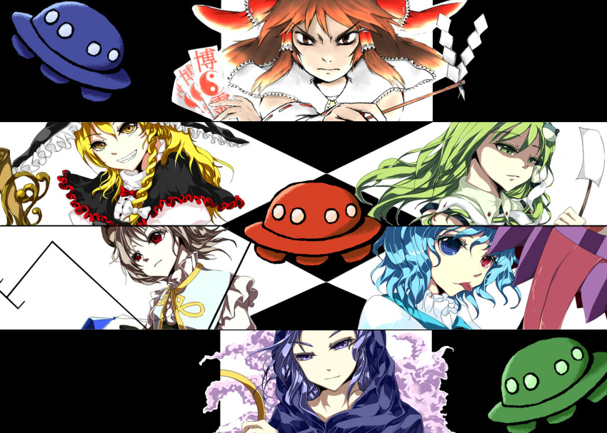 animal_ears awkwardkuroki bad_id blonde_hair blue_hair bracelet braid brown_hair frog glaring green_eyes green_hair grey_hair hair_ornament hakurei_reimu hat heterochromia hood jewelry karakasa_obake kirisame_marisa kochiya_sanae kumoi_ichirin mouse_ears nazrin pale_skin purple_hair red_eyes ribbon ring shaded_face short_hair smile snake tatara_kogasa tongue touhou ufo umbrella undefined_fantastic_object witch_hat yellow_eyes