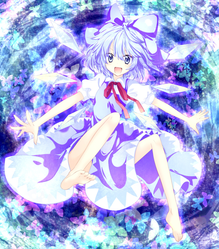 barefoot blue_dress blue_eyes blue_hair bow butterfly cirno dress feet floating glowing gradient_hair hair_bow highres large_bow lavender_hair multicolored_hair neck_ribbon open_mouth ribbon riichu short_hair smile touhou wings