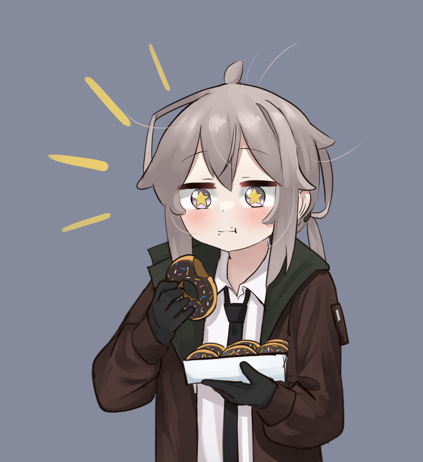 1girl absurdres ahoge bangs blush collarbone doughnut eating eyebrows_visible_through_hair food girls_frontline gloves grey_hair highres jacket m200_(girls'_frontline) medium_hair necktie pastry_box pepsi2330 ponytail sidelocks solo star-shaped_pupils star_(symbol) symbol-shaped_pupils