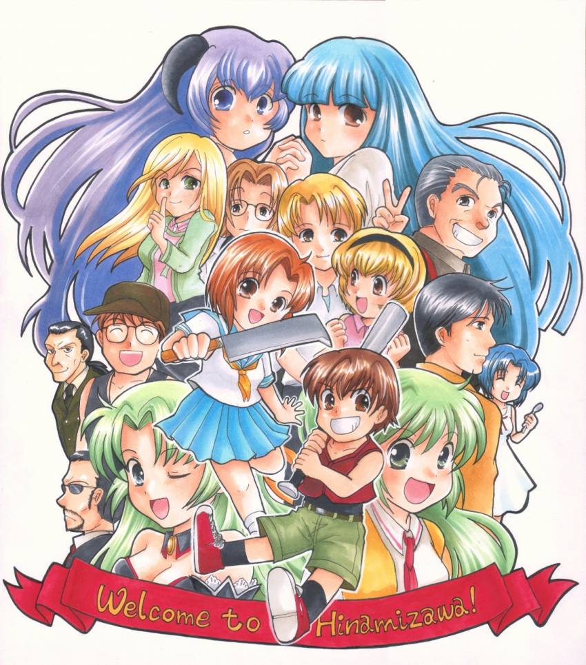 chie_rumiko everyone furude_rika ginta_(pixiv) hanyuu highres higurashi_no_naku_koro_ni houjou_satoko houjou_satoshi irie_kyousuke kasai_tatsuyoshi maebara_keiichi marker_(medium) oishi_kuraudo okonogi_tetsurou ooishi_kuraudo ryuuguu_rena sonozaki_mion sonozaki_shion takano_miyo tomitake_jiro tomitake_jirou traditional_media