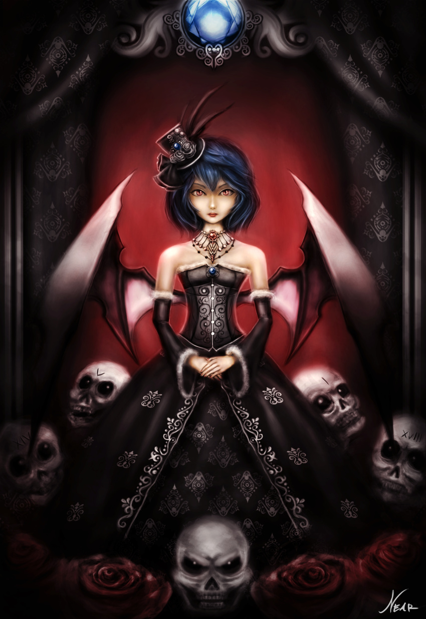1girl alternate_costume bare_shoulders bat_wings black_dress blue_hair bodice collarbone curtains detached_sleeves dress expressionless flower frame fur_trim hands_together hat hat_ribbon highres jewelry lips lolita_fashion looking_at_viewer nearesven necklace red_eyes remilia_scarlet ribbon roman_numerals rose ruby_(stone) sapphire_(stone) short_hair signature skull slit_pupils solo top_hat touhou wings