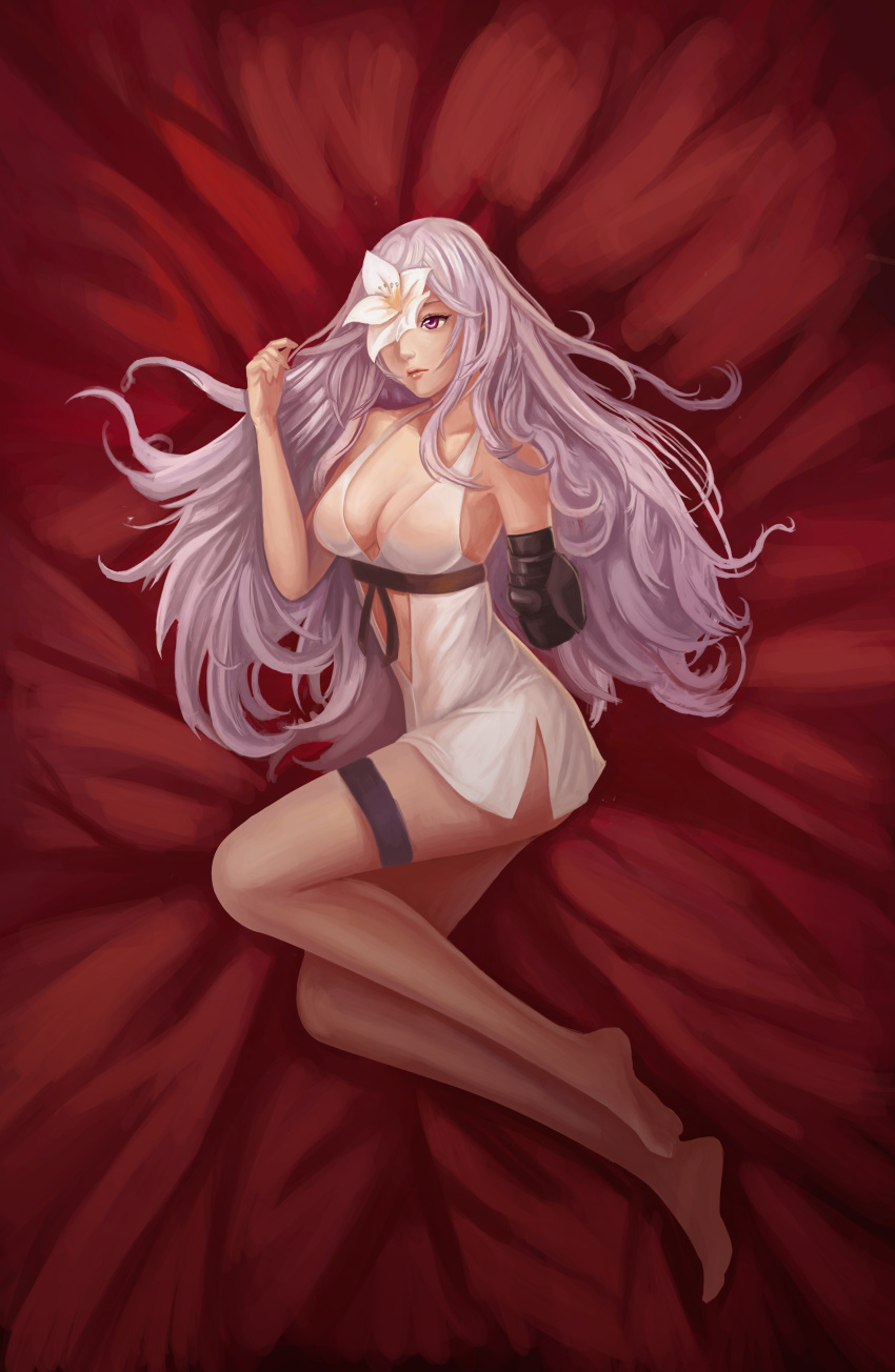 1girl absurdres amputee collarbone drag-on_dragoon_3 dress flower flower_eyepatch goldengear870 highres lavender_hair lips long_hair looking_at_viewer lying messy_hair nose on_bed on_side one_eye_covered red_background solo violet_eyes white_dress zero_(drag-on_dragoon)