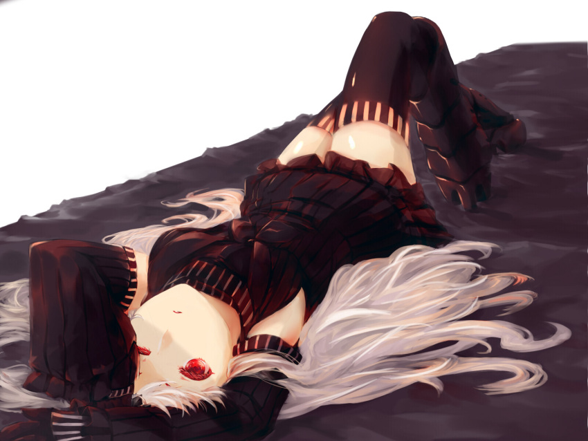 1girl aircraft_carrier_water_oni black_boots black_dress black_legwear boots detached_sleeves dress high_heel_boots high_heels highres kantai_collection long_hair long_sleeves lying on_back one_eye_closed parted_lips red_eyes ribbed_dress sailor_dress shinkaisei-kan solo striped thigh-highs white_hair yan_wen_zi zettai_ryouiki