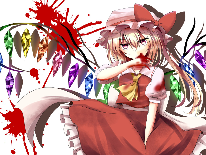 1girl ascot blonde_hair blood blood_stain dress flandre_scarlet frilled_skirt frills highres indo_(mdtanaka2007) licking_hand long_hair looking_at_viewer mob_cap puffy_short_sleeves puffy_sleeves red_eyes ribbon shadow short_sleeves side_ponytail skirt solo tongue tongue_out touhou white_background wings