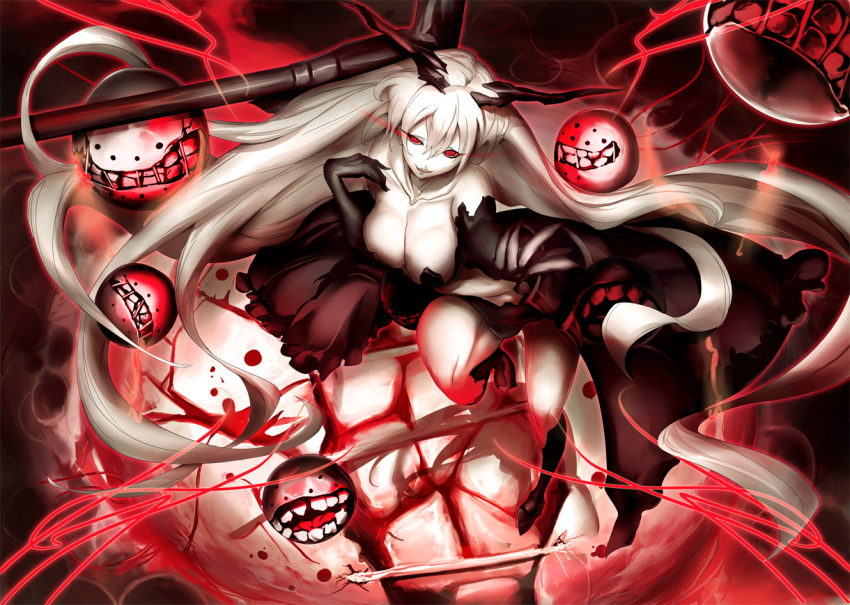 1girl anchorage_hime bare_shoulders black_gloves breasts cleavage collarbone elbow_gloves ere_(2516325) escort_fortress_(kantai_collection) evil_smile gloves glowing glowing_eyes hair_ornament kantai_collection large_breasts long_hair outstretched_hand pale_skin red_eyes shinkaisei-kan showgirl_skirt smile very_long_hair white_hair white_skin