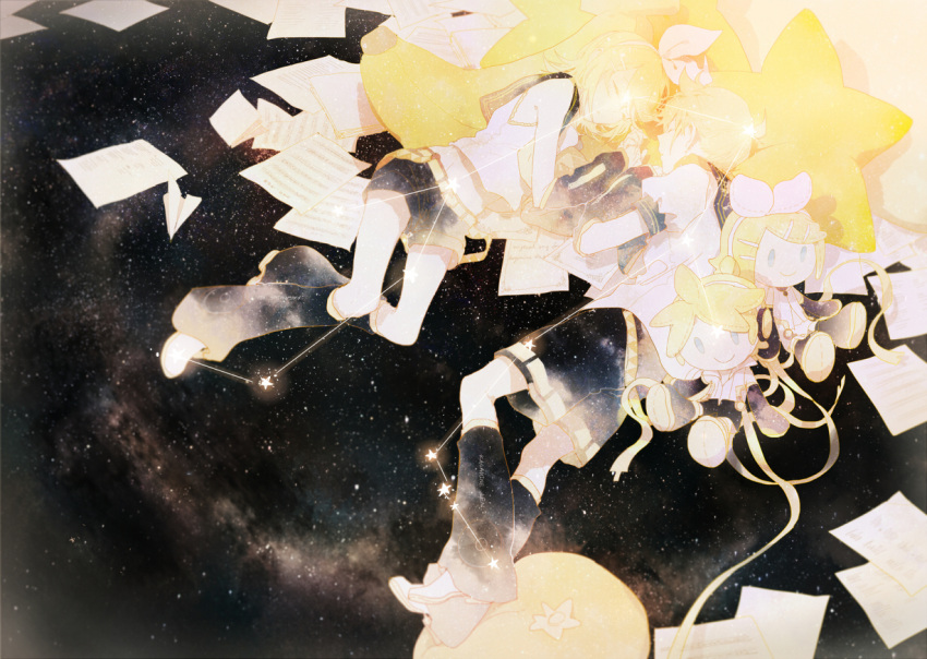 1boy 1girl blonde_hair brother_and_sister character_doll closed_eyes constellation kagamine_len kagamine_rin rella ribbon short_hair siblings sky star_(sky) starry_sky twins vocaloid
