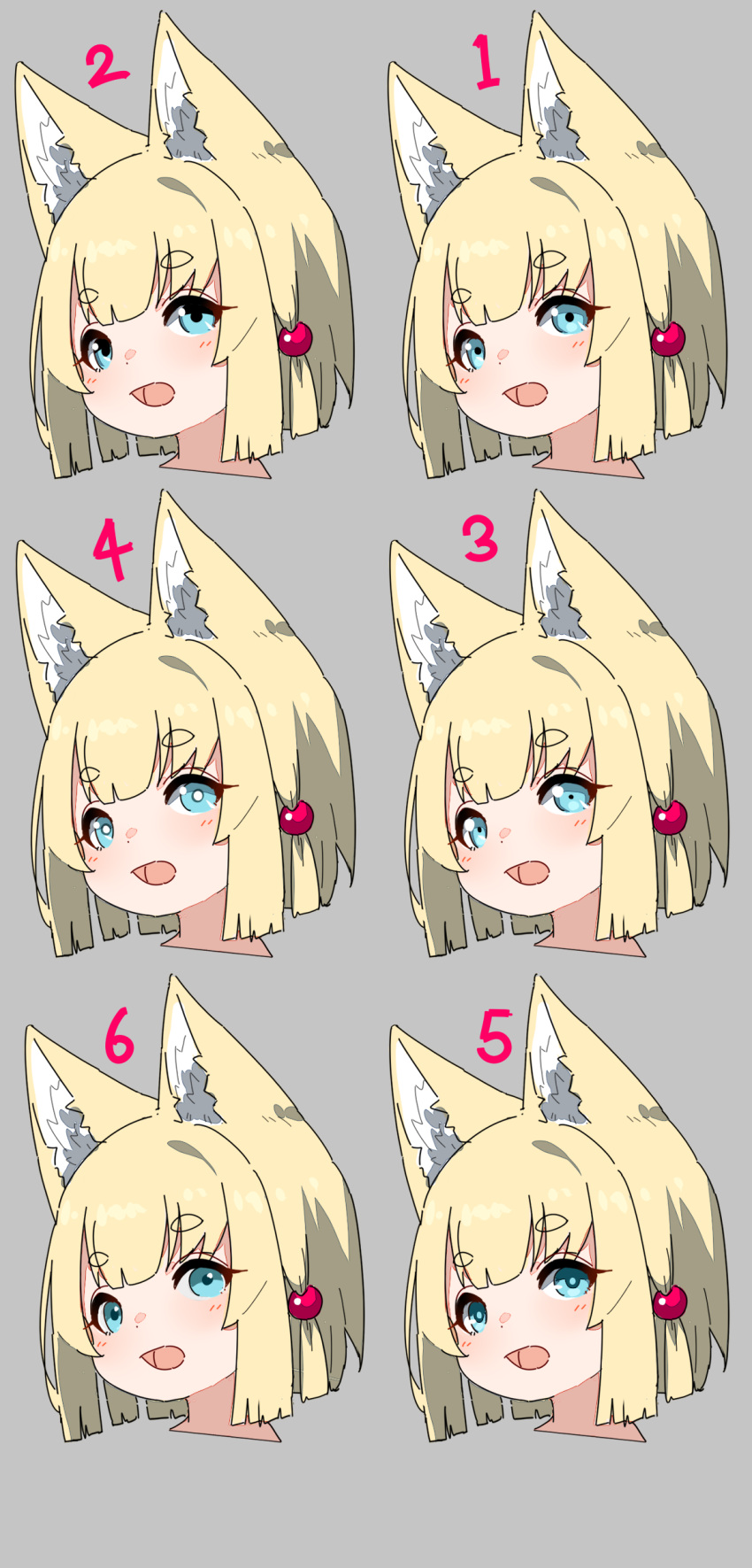 1girl absurdres animal_ear_fluff animal_ears bangs blonde_hair blue_eyes blush commentary_request eyebrows_visible_through_hair fox_ears grey_background highres kuro-chan_(kuro_kosyou) kuro_kosyou multiple_views open_mouth original short_eyebrows simple_background thick_eyebrows variations