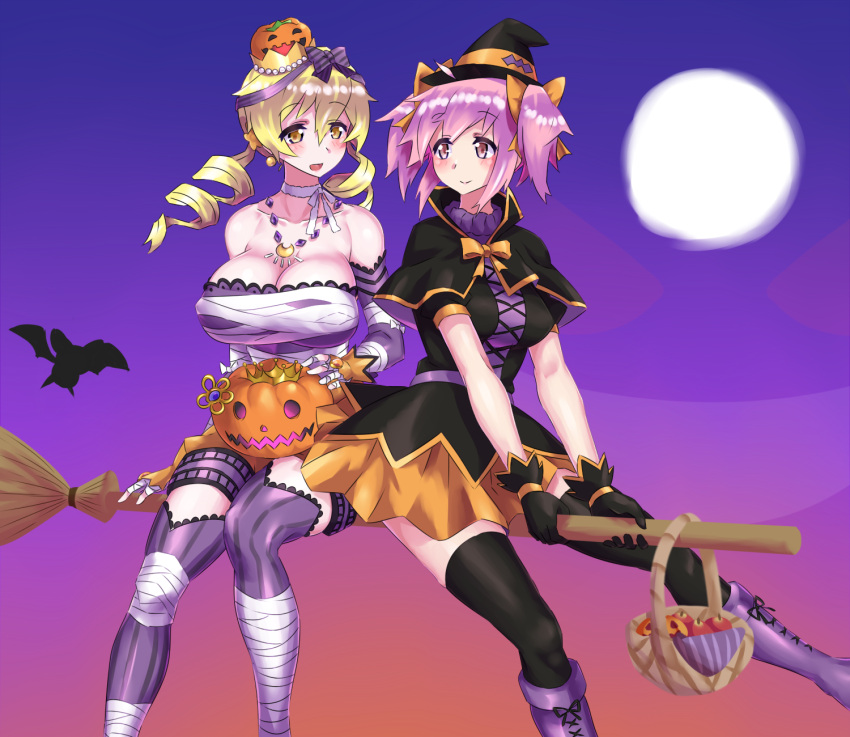 2girls alternate_breast_size bare_shoulders blonde_hair blush breasts broom broom_riding cleavage costume crown drill_hair evuoaniramu hair_ornament hair_ribbon hairpin halloween hat highres huge_breasts jack-o'-lantern kaname_madoka mahou_shoujo_madoka_magica multiple_girls open_mouth pink_eyes pink_hair ribbon short_hair short_twintails thigh-highs tomoe_mami twin_drills twintails witch witch_hat yellow_eyes