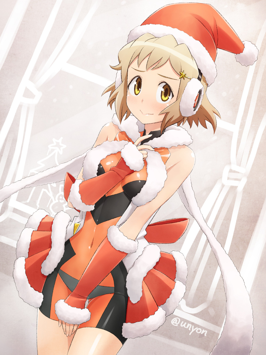 1girl blush brown_hair christmas detached_sleeves earmuffs hat highres santa_hat senki_zesshou_symphogear short_hair solo tachibana_hibiki_(symphogear) unyon yellow_eyes