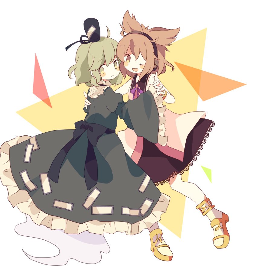 2girls blonde_hair brown_hair daizu_(melon-lemon) dress earmuffs ghost_tail green_dress green_eyes green_hair hand_on_another's_shoulder hands_together hat highres japanese_clothes jewelry multiple_girls one_eye_closed open_mouth short_hair skirt sleeveless smile soga_no_tojiko tate_eboshi touhou toyosatomimi_no_miko yellow_eyes