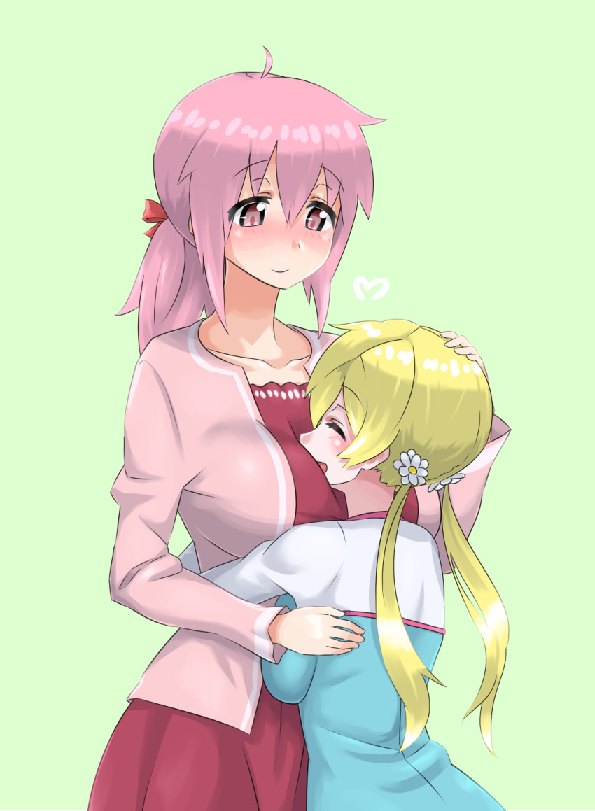 2girls adult alternate_breast_size blonde_hair blush breast_press breasts closed_eyes drill_hair evuoaniramu hair_ornament hairpin hand_on_another's_head highres hug huge_breasts kaname_madoka mahou_shoujo_madoka_magica multiple_girls open_mouth pink_eyes pink_hair ponytail ribbon short_hair short_ponytail smile tomoe_mami twin_drills twintails