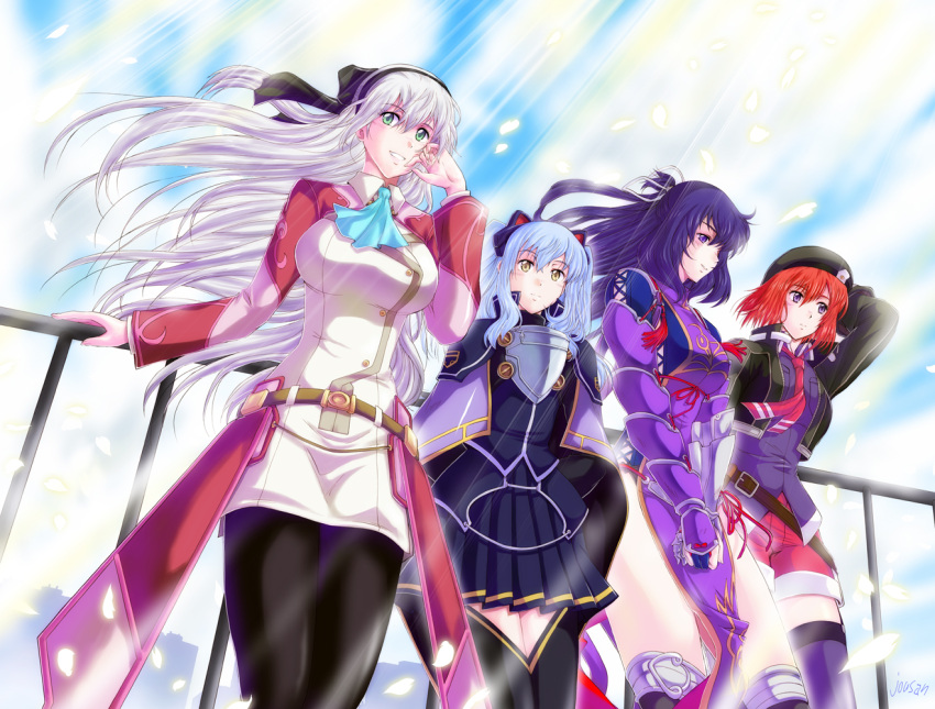 4girls ao_no_kiseki armor black_legwear black_skirt blazer blue_hair bow cape cropped_jacket eiyuu_densetsu elie_macdowell expressionless gloves green_eyes hair_bow hairband half_updo hat long_hair multiple_girls necktie noel_seeker pantyhose pleated_skirt purple_hair purple_legwear redhead rixia_mao short_hair shorts skirt smile tabard tio_plato violet_eyes white_hair xiacheng_tatsuya yellow_eyes zero_no_kiseki