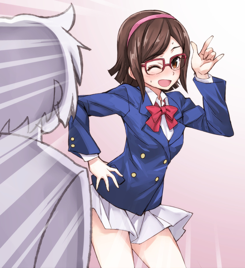 1girl ;d \m/ blush brown_eyes brown_hair glasses gundam gundam_build_fighters hairband hand_on_hip highres kousaka_china looking_at_viewer matsuryuu one_eye_closed open_mouth over-rim_glasses red-framed_glasses school_uniform semi-rimless_glasses short_hair skirt smile sweat turn_pale