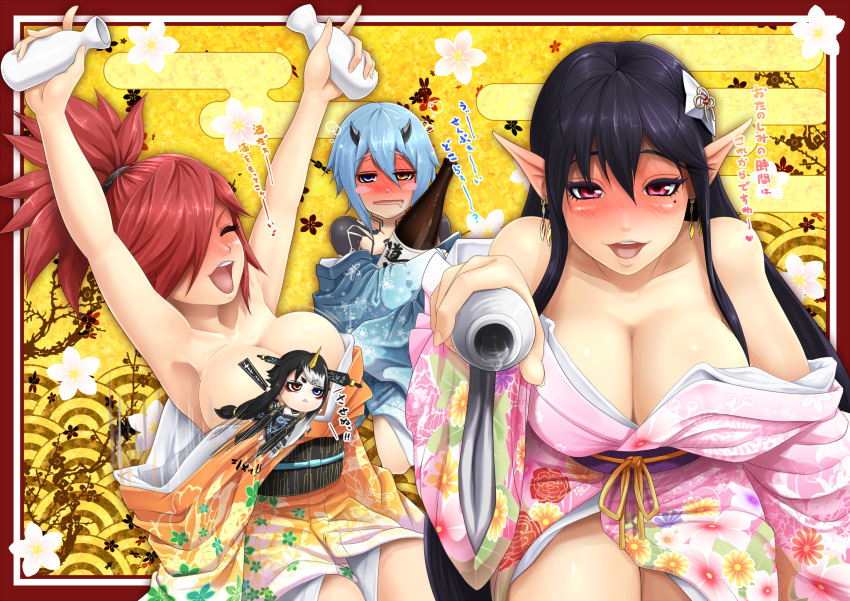 4girls alcohol antenna_hair arms_up azanami_(pso2) black_hair blue_eyes blush blush_stickers bottle breasts censored character_censor cleavage closed_eyes clothes_down collarbone drunk earrings egasumi eyebrows floral_print hair_ornament hair_over_one_eye heart heterochromia highres holding homura_(haku89) horn horns io_(pso2) japanese_clothes jewelry katori_(pso2) kimono large_breasts long_hair looking_at_viewer minigirl mole_under_eye motion_lines multicolored_hair multiple_girls novelty_censor obi off_shoulder open_mouth orange_eyes phantasy_star phantasy_star_online_2 pink_eyes pointy_ears ponytail redhead sake sake_bottle sash tamahime_(pso2) thick_eyebrows tokkuri translation_request triangle_mouth two-tone_hair white_hair