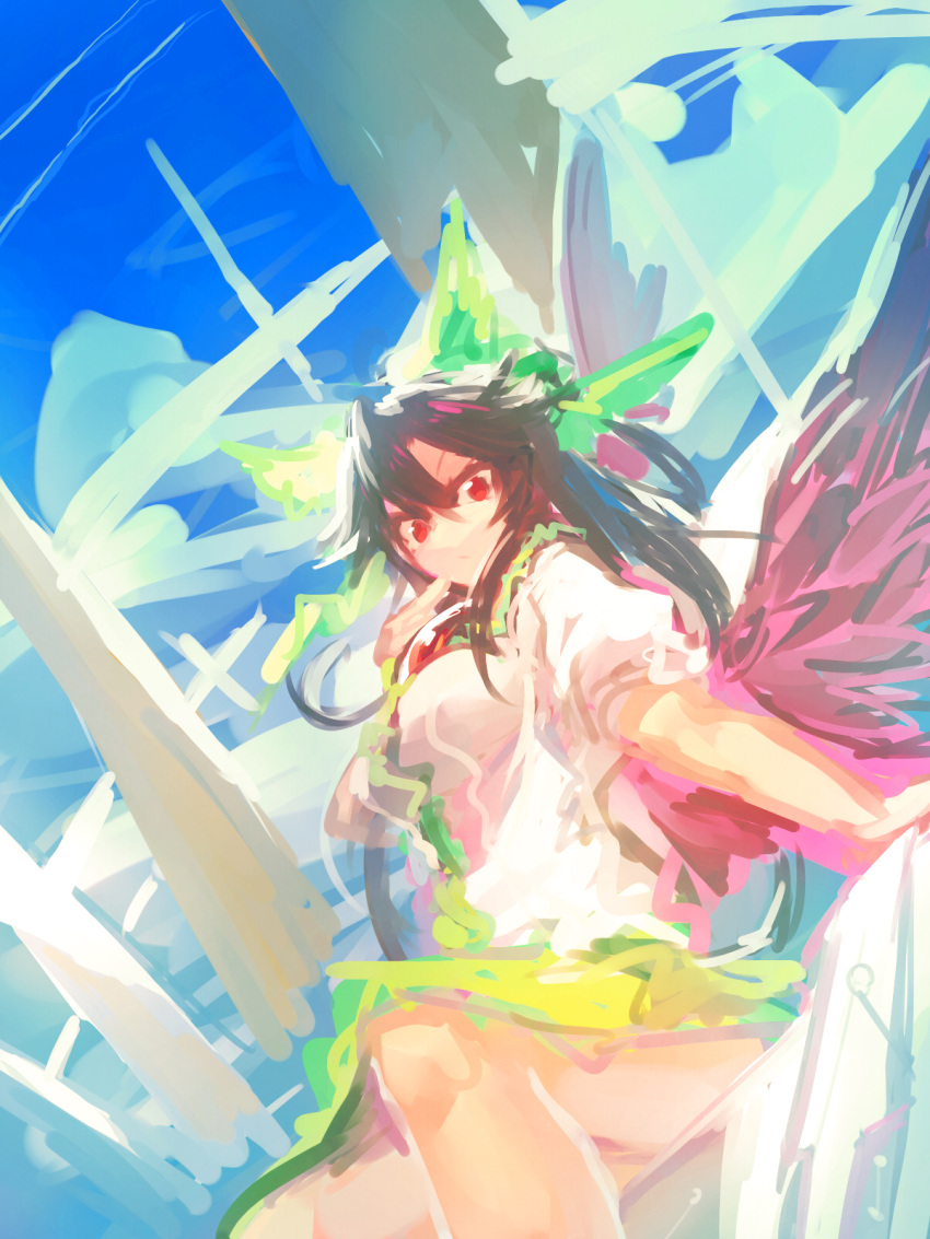 1girl bird_wings black_hair bow cape feathered_wings green_bow green_skirt hair_bow highres long_hair looking_at_viewer puffy_short_sleeves puffy_sleeves red_eyes reiuji_utsuho short_sleeves sitting skirt sky solo temmasa22 third_eye touhou wings