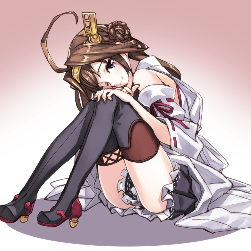 1girl ;) ahoge black_boots black_eyes blush boots brown_hair detached_sleeves double_bun frilled_skirt frills hairband hand_on_knee highres japanese_clothes kantai_collection kongou_(kantai_collection) light_smile long_hair looking_at_viewer matsuryuu one_eye_closed ribbon-trimmed_sleeves ribbon_trim sitting skirt smile solo thigh-highs thigh_boots wide_sleeves