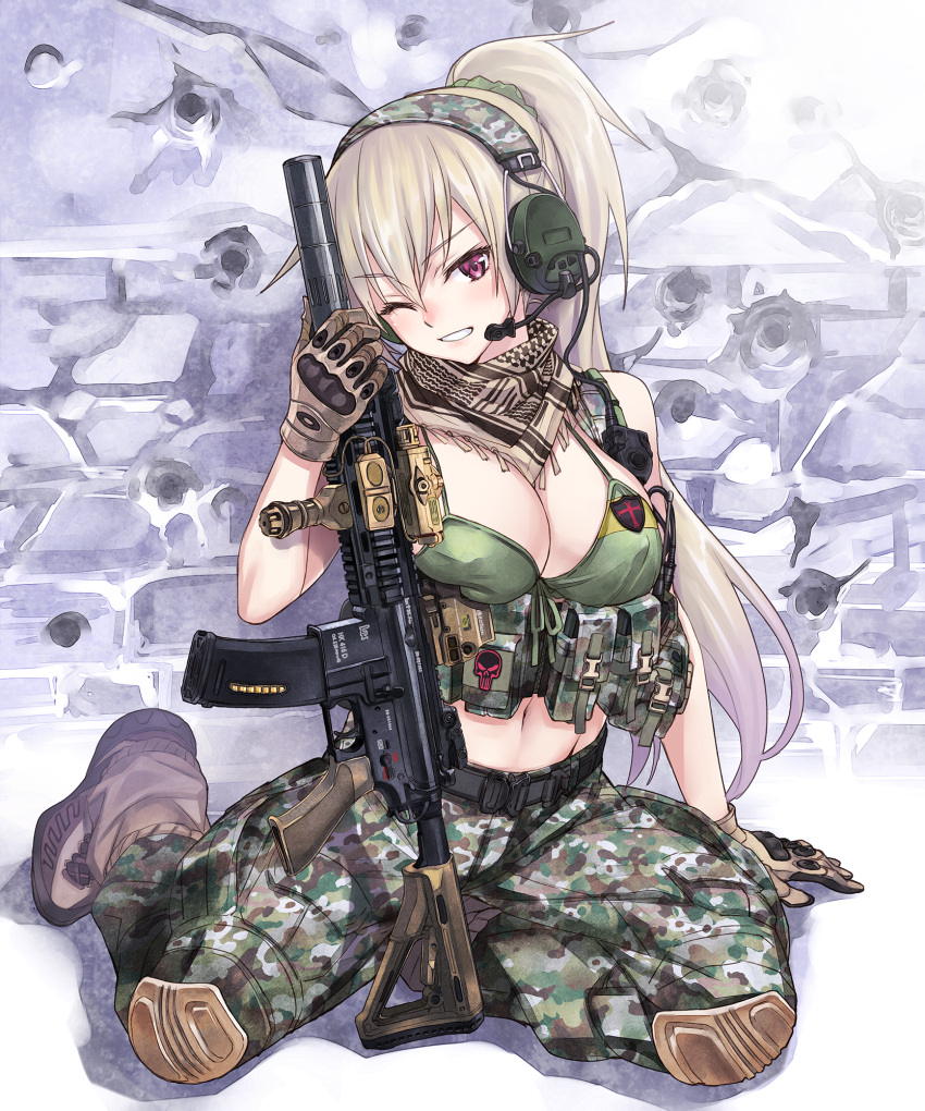 1girl arm_support assault_rifle badge breasts brown_gloves brown_hair camouflage camouflage_pants cleavage cross front-tie_top gloves gun hair_ornament headphones headset heckler_&amp;_koch highres hk416 knee_pads long_hair matsuryuu midriff one_eye_closed operator original pants parted_lips ponytail pouch rifle scarf sitting skull smile solo suppressor vertical_foregrip violet_eyes weapon wink yokozuwari