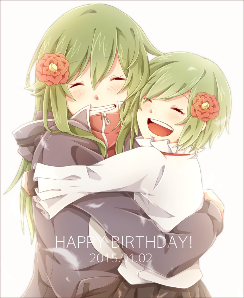 2girls age_comparison closed_eyes dual_persona flower green_hair grin hair_flower hair_ornament happy_birthday highres kagerou_project kido_tsubomi long_hair multiple_girls shigure_kio smile time_paradox younger