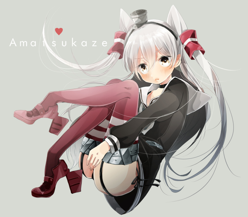 &gt;:&lt; 1girl :&lt; amatsukaze_(kantai_collection) bad_feet black_dress black_panties blush brown_eyes character_name choker dress fetal_position garter_straps grey_background hair_tubes headgear high_heels highres kantai_collection long_hair long_sleeves looking_at_viewer neckerchief panties red_legwear red_shoes sailor_collar sailor_dress shika_(isk_mjkss) shoes side-tie_panties silver_hair simple_background solo striped striped_legwear thigh-highs two_side_up underwear